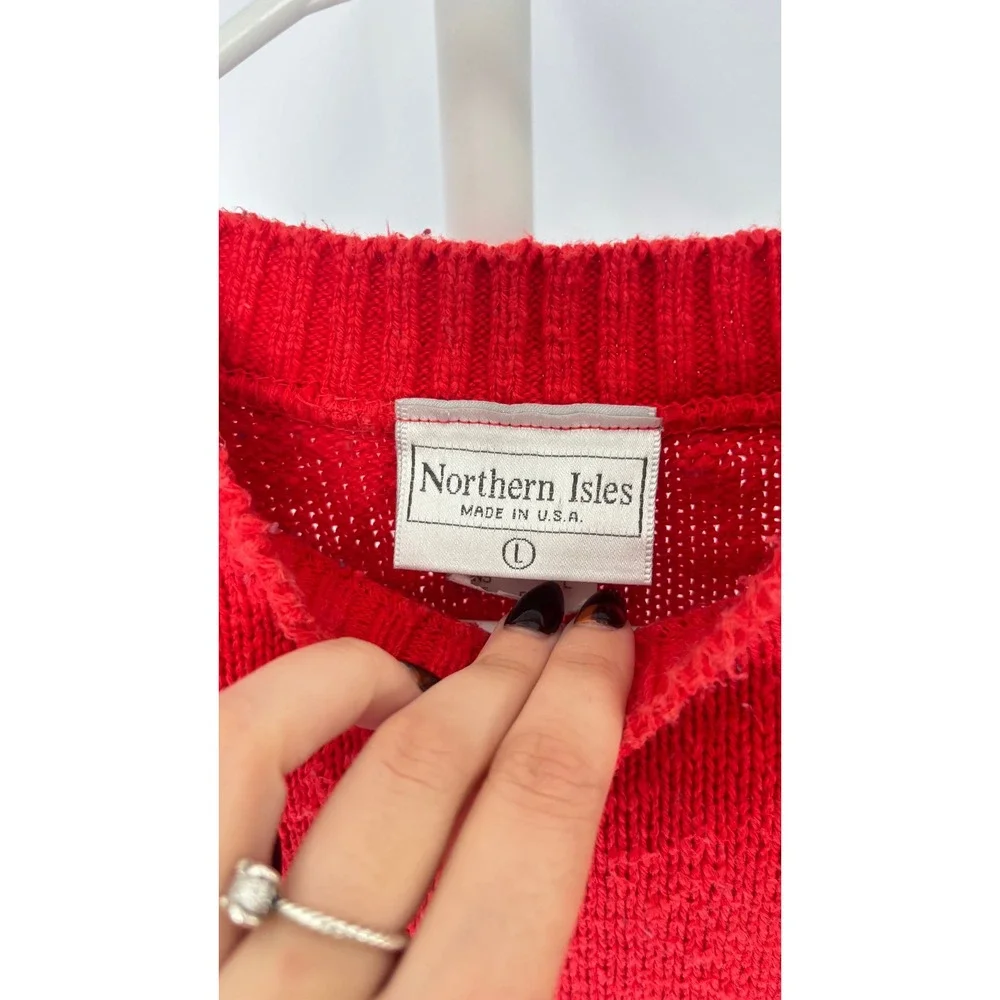Mens‎ Vintage Northern Isles Red Cotton Knit Sweater Size L Made in USA